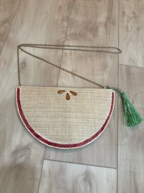 Kayu watermelon straw clutch bag with shoulder strap
